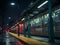 a train is parked at a train station at night