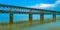 Train passes through Road cum railway bridge over the Godavari river, Rajahmundry, Andhrapradesh, India