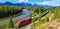 Train passing famous Morant`s curve in Banff ,Canada