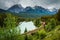 Train passing through Morant`s Curve in bow valley, Banff Nation