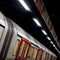 Train on the platform at Euston Square Underground Station, London UK, showing reflection of train on ceiling above.