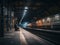 A train pulling into a train station at night. AI generative image.