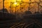 Train, Railroad, Railway Tracks at Major Train Station at Sunset, sunrise.