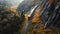 Train on railroad tracks through the mountain pass on bridge