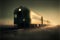 Train on a railway in the fog at sunset. 3d rendering
