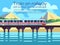 Train on railway with outdoor country landscape. Vector travel concept background