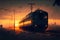Train on the railway at sunset. Digital painting. Vector illustration.