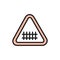 Train road attention sign, railroad tracks flat color line icon.