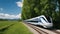 train on the road A high speed train that zooms through the countryside. The train is white and blue, and has a sleek look