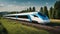 train on the road _A high-speed train that zooms through the countryside. The train is white and blue, and has a sleek look