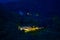 A Train run through the mountains and forests. Small railway station at night.