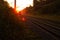 The train rushes by rail through a beautiful morning forest illuminated by the orange rising sun