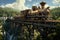 A train is seen crossing a sturdy bridge over a beautiful river in a picturesque countryside setting, A steampunk-inspired