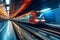 A train is seen traveling through a busy train station surrounded by tall buildings, An abstract train speeding on futuristic