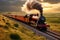 A train is seen traveling down train tracks that run alongside a beautiful lush green field, A vintage steam train speeding across