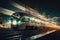 train speeding past cityscape at night, with lights and reflections on the windows