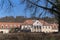 Train station building in Sighisoara on a sunny day in spring.