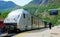 The train stops at the flam station. The Flam Line is between Myrdal and Flam