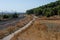 A train track through the agricultural fields in the outskirts of Madrid in the Valdemoro area