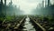 A train track surrounded by logs and grass. AI.