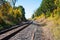 Train tracks curving left with telegraph poles on right