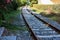 Train tracks lead between houses towards the railroad along a rusty iron path above the gravel