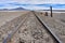 Train tracks running across the Salar de Chiguana in the Nor Lipez province, near Uyuni, Bolivia