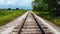 Train tracks with trees and a green field on a cloudy day