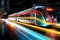 a train traveling down a city street at night