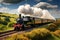 A train travels down train tracks next to a lush green hillside in this scenic countryside view, A vintage steam train speeding