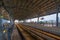 Train view on railway in Airport Rail link in Bangkok Downtown at financial district, buildings in urban city, Thailand.