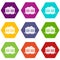 Train waggon with coal icon set color hexahedron