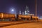 Train wagons at an oil refinery at night, Port of Antwerp, Belgium