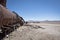 Train wreck in desert. Empty villag and roads close to Uyuni, a