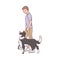 Trained dog walks next to owner, sketch cartoon vector illustration isolated.