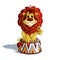 A trained lion sits on a circus stand, smiles and shows a paw sign for the likes.