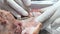 Trainee dentist, close-up practicing dental treatment on a mock-up of a pig`s jaw. Close-up makes an incision around the