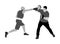 Trainer and boxer vector illustration isolated on white background. Sparring partner martial arts. Direct kick. Clinch, knockout,