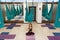 TRAINER YOGA WITH THE BOWL OF MEDITATION introduces his wards into a trance. fly yoga stretching exercises in gym. Fit and