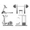 Training apparatus with heavy blocks, modern orbitrek and black weights on rods for all kinds of physical load on solid