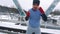 Training boxer on the bridge in winter slow mo