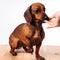 Training and caring for a dachshund dog on a white  background.