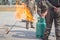 Training on how to extinguish a fire, burning a gas tank