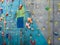 Training wall climbing wall. Hooks and ropes for training climbers
