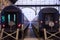 Trains departing from the interior of Budapest Keleti Palyaudvar train station.