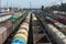 Trains of freight cars standing at the station , top view.