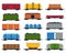 Trains with freight wagons flat icons set. Metal containers for transportation cargoes, loaded with wood, tank cars