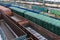 Trains and goods wagons on railway tracks in Lviv, at Lviv Railway station