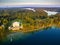 Trakai, Lithuania: Aerial UAV top view of Uzutrakis Palace