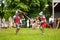 TRAKAI, LITHUANIA - JUNE 16, 2018: People wearing knight costumes fight during historical reenactment on annual Medieval Festival